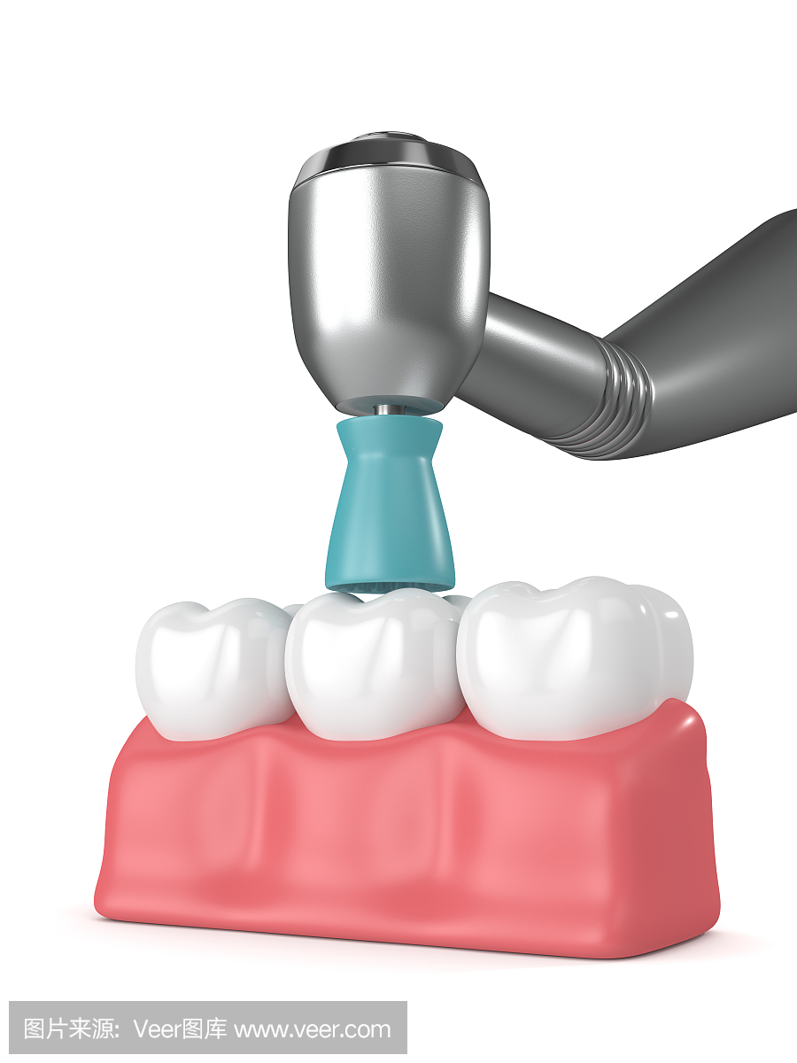 牙齒的3d渲染與牙科手機和拋光刷